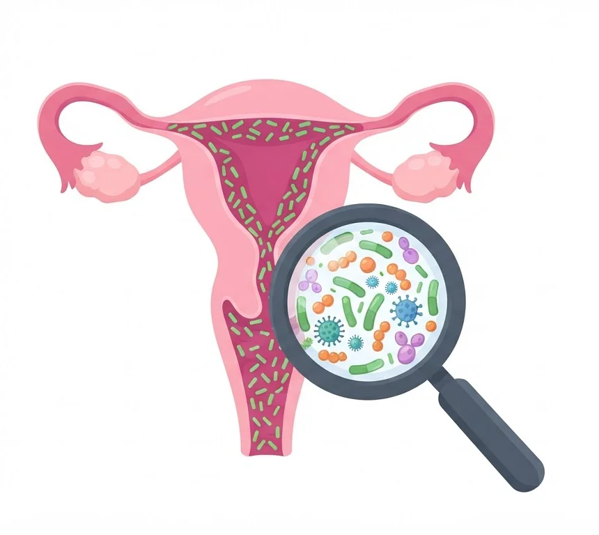 Ilustración del aparato reproductor femenino con su microbiota y una lupa con microorganismos. Máster propio de la Universidad de Málaga con la colaboración de Xenogene e ILAGINE
